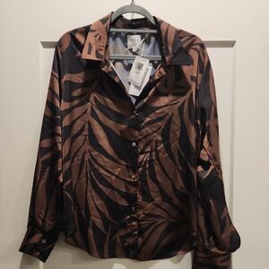 Misa Los Angeles Black and Brown Leaf Print Blouse